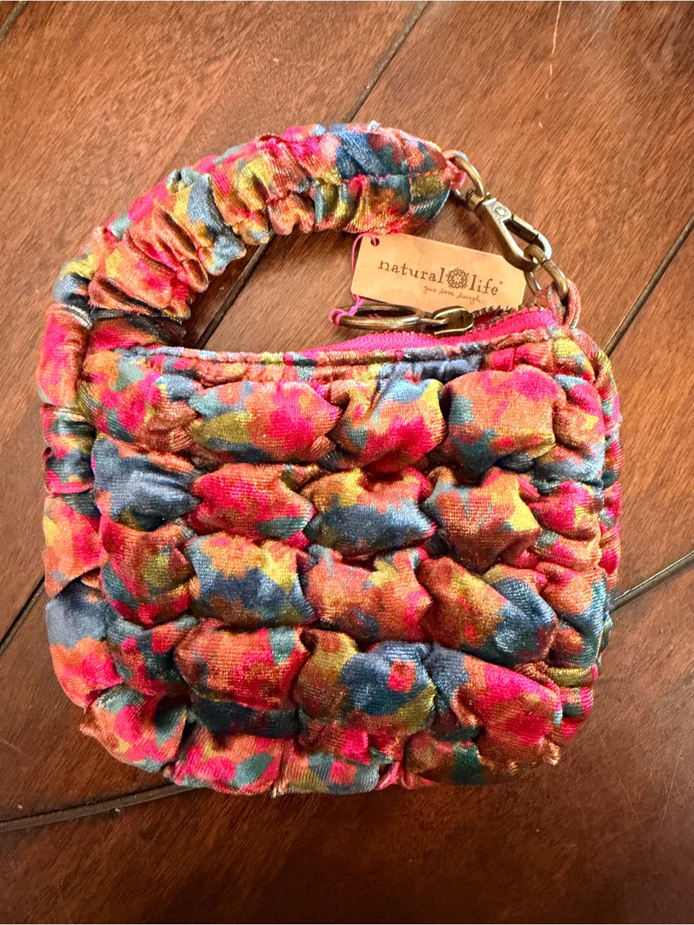 NATURAL LIFE Velvet Quilted Floral Wristlet - Pink, Blue, Orange, Gold MINI